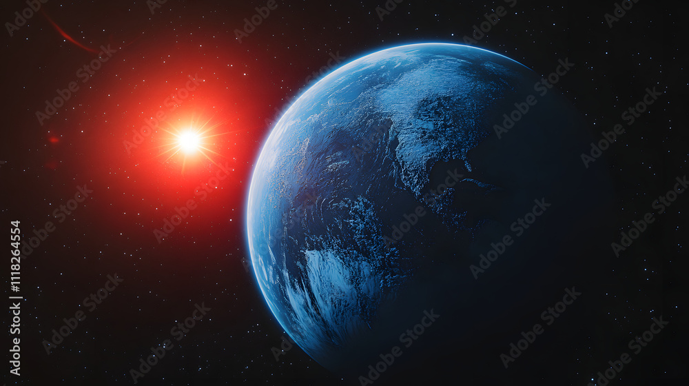 Obraz premium Vibrant blue planet illuminated by a bright red star in the vastness of space