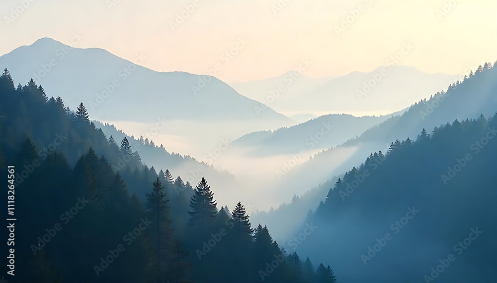 Obraz premium Realistic mountains landscape. Morning wood panorama, pine trees and mountains silhouettes. Vector forest hiking background