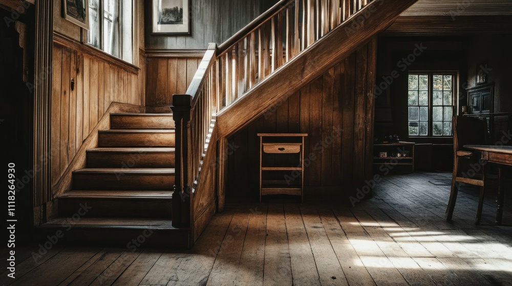 Wooden staircase in a rustic house with natural light streaming through the windows.