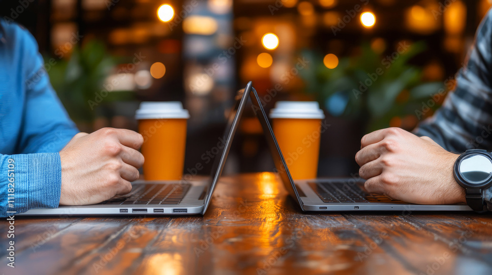 Two People Working on Laptops in a Cozy Coffee Shop Environment with Warm Lighting Two People Working on Laptops in a Cozy Coffee Shop Environment with Warm Lighting
