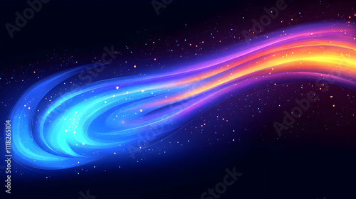 Abstract glowing swirl with blue and orange light streaks on dark background.