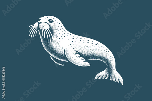 Vintage illustration of a white seal on a dark ocean background