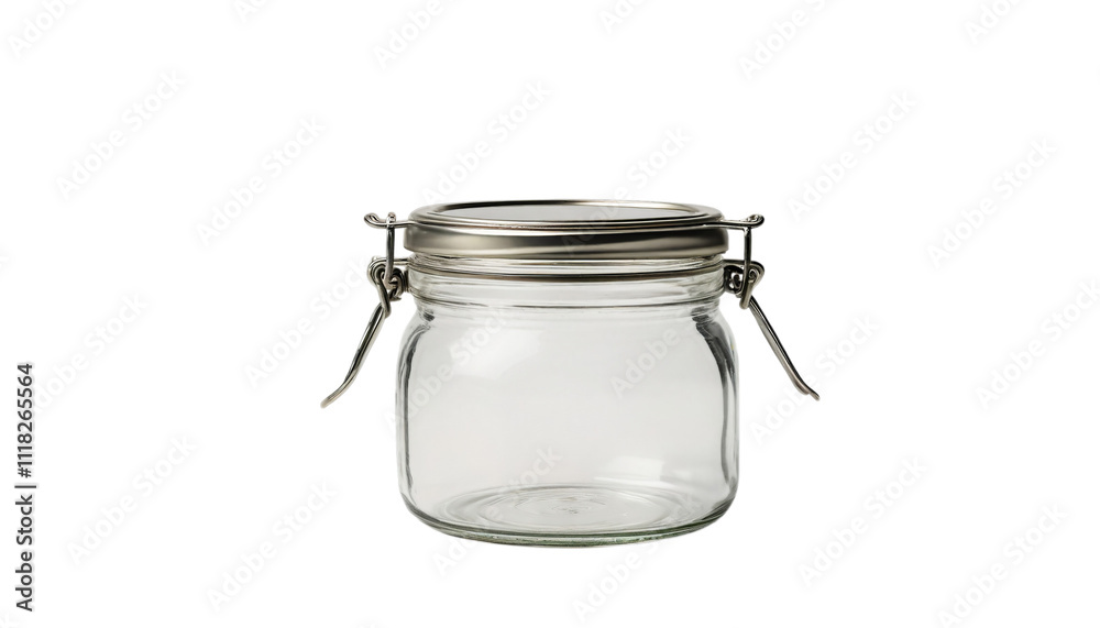 PNG of Transparent glass jar with a metal lid and clip closure for storage on transparent background. PNG of Transparent glass jar with a metal lid and clip closure for storage on transparent background.