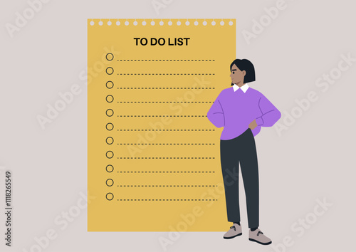 A person in a purple jumper stands thoughtfully beside a vibrant yellow to-do list, contemplating tasks under the warm afternoon light, showcasing a blend of creativity and productivity