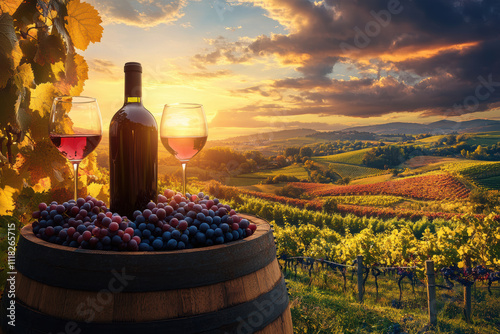 Vineyard landscape with wine bottle at sunset
