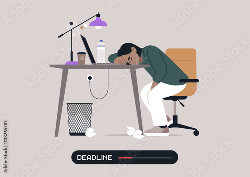Tired individual rests their head on a cluttered desk, fatigued from long hours of work, with a deadline looming and reminders scattered around