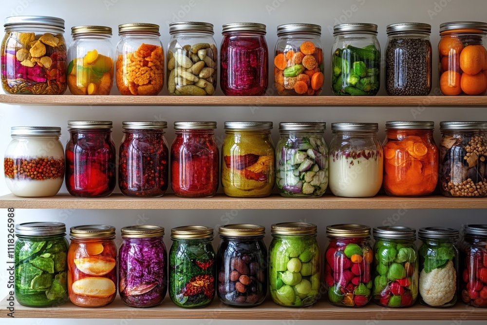 Colorful Preserved Foods in Glass Jars on Shelf