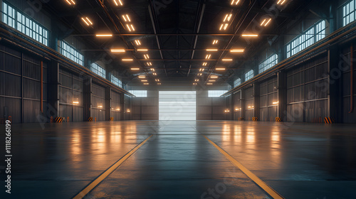 Spacious warehouse interior with industrial lighting and reflective floor in a modern facility