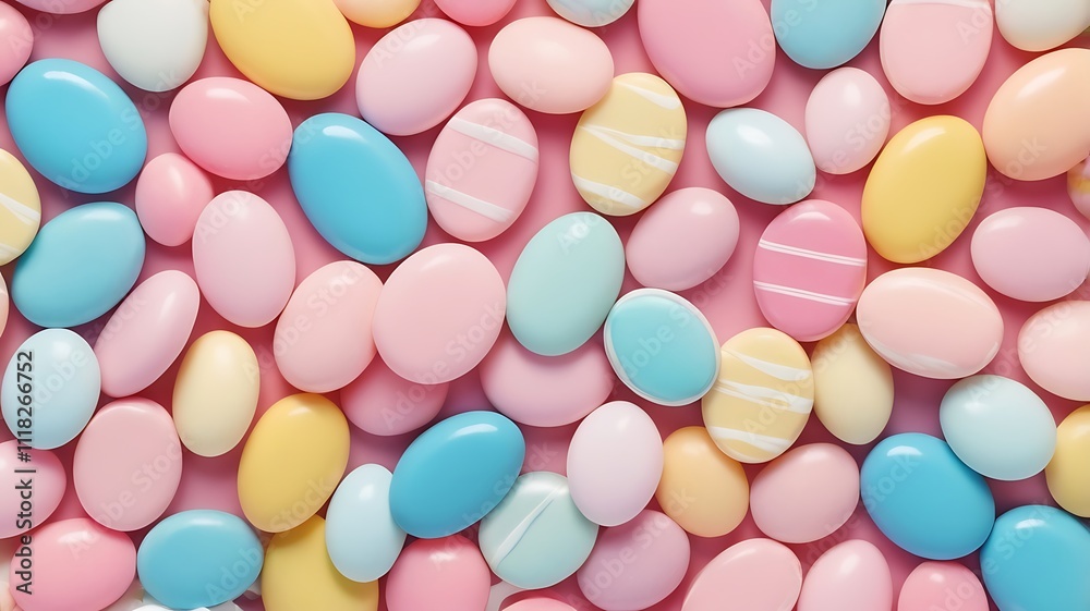 Flat Lay of Pastel-Colored Oval Candies in Vibrant Seamless Pattern Flat Lay of Pastel-Colored Oval Candies in Vibrant Seamless Pattern