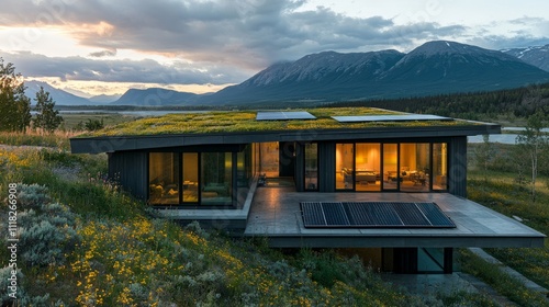 Modern eco-friendly house with green roof and solar panels, nestled into a hillside overlooking mountains at sunset.