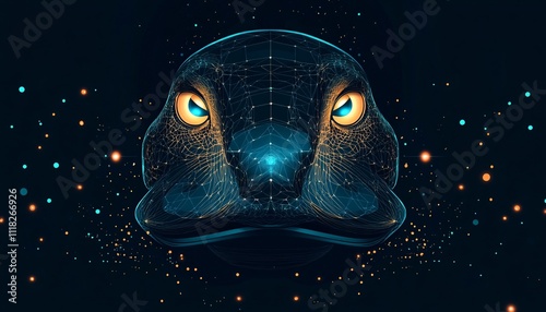 Close-up illustration of a platypus face highlighting unique animal features, set against a backdrop of animal digital evolution. photo