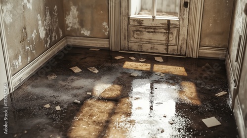 Water flooding the floor in a neglected room revealing age and disrepair photo