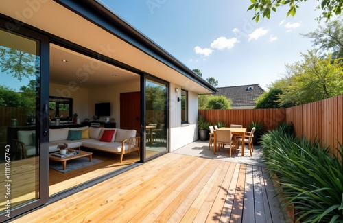 Modern home extension in Melbourne with deck patio, courtyard. Large glass sliding doors open to outdoor living space. Cozy living area inside with comfortable furniture. Outdoor dining area with photo