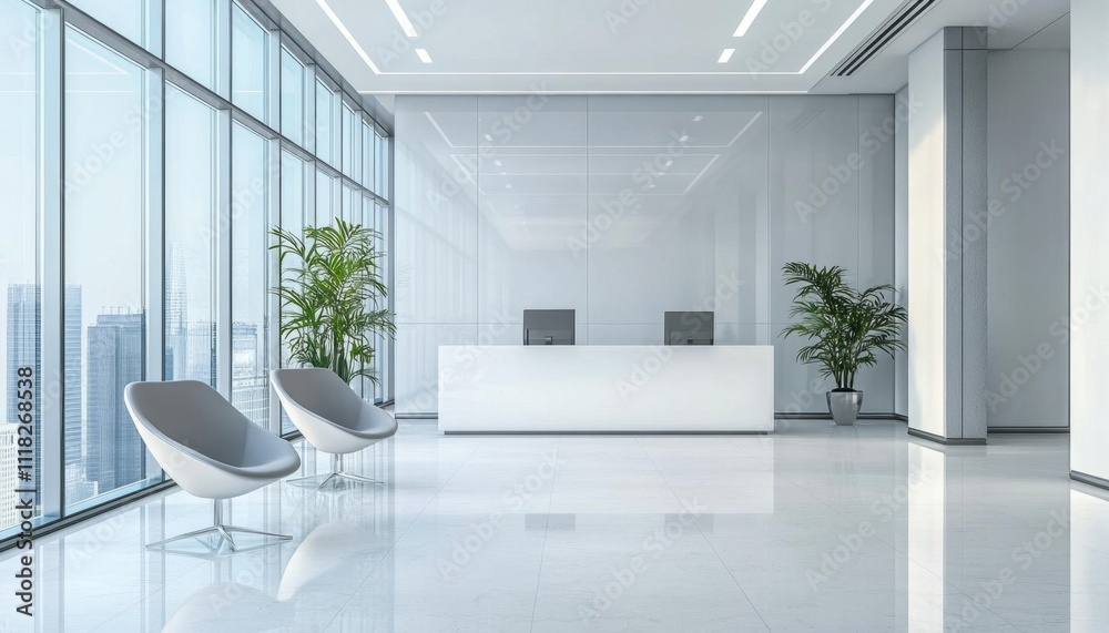 Modern office reception area with sleek design and greenery. Modern office reception area with sleek design and greenery.
