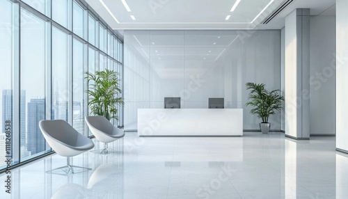 Modern office reception area with sleek design and greenery.