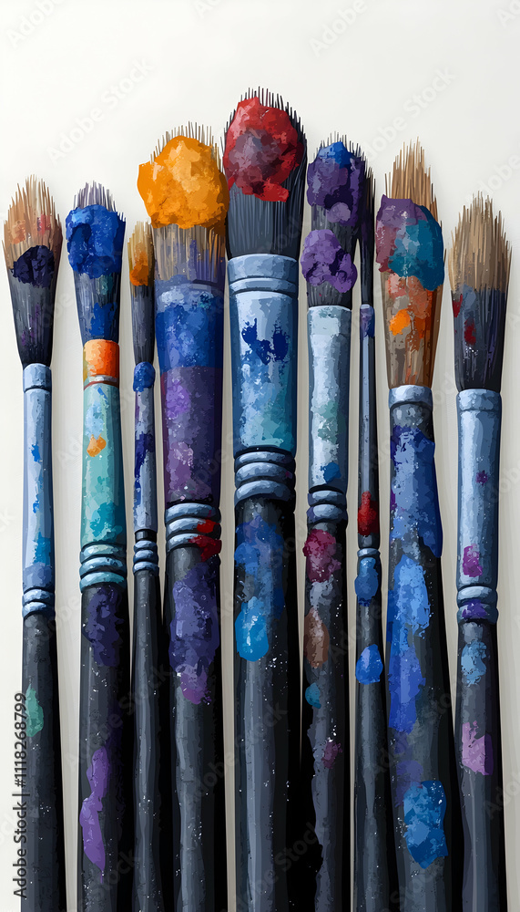 Close-up of ten paintbrushes with various colors of paint. Close-up of ten paintbrushes with various colors of paint.