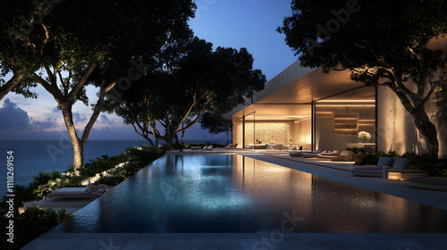 Luxurious modern villa by the ocean with serene pool and stunning evening ambiance