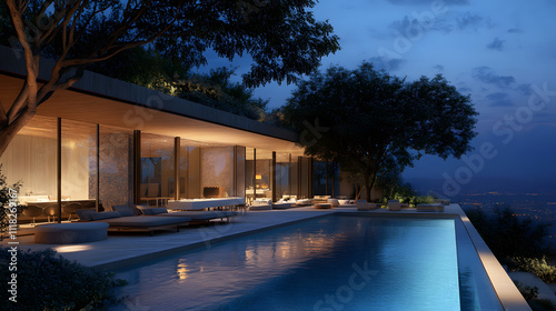 Luxurious modern villa with infinity pool under the night sky in a serene location