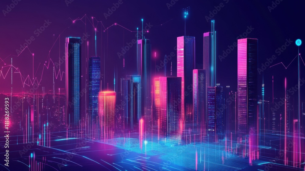 Skyscrapers glow in neon colors against the dark evening sky, showcasing the dynamic architecture of a bustling metropolis. Bright lights highlight the innovative cityscape Skyscrapers glow in neon colors against the dark evening sky, showcasing the dynamic architecture of a bustling metropolis. Bright lights highlight the innovative cityscape