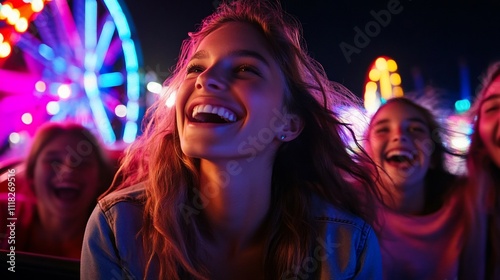 Happy teenage girls laughing on a carnival ride at night.