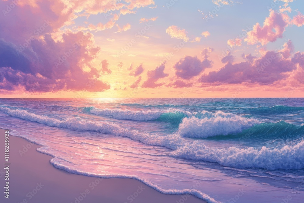Serene beach at sunset with waves and colorful clouds. Serene beach at sunset with waves and colorful clouds.