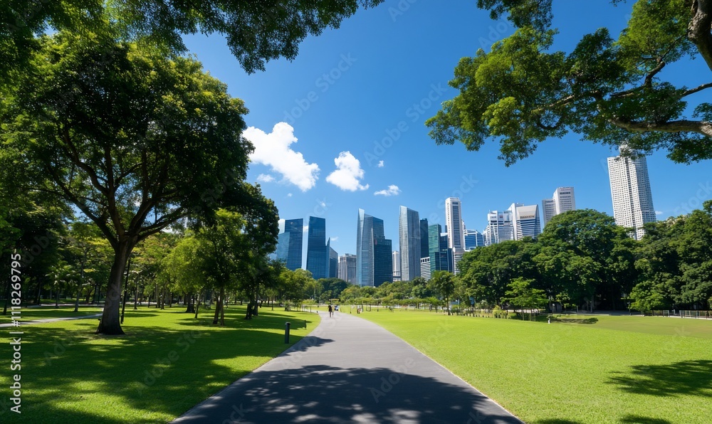 Urban park path with city skyline. Urban park path with city skyline.
