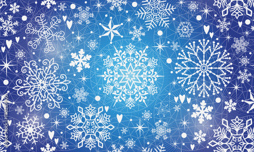 Vector seamless Christmas and New-Year hand drown pattern with white snowflakes and stars and bslls on a blue gradient background