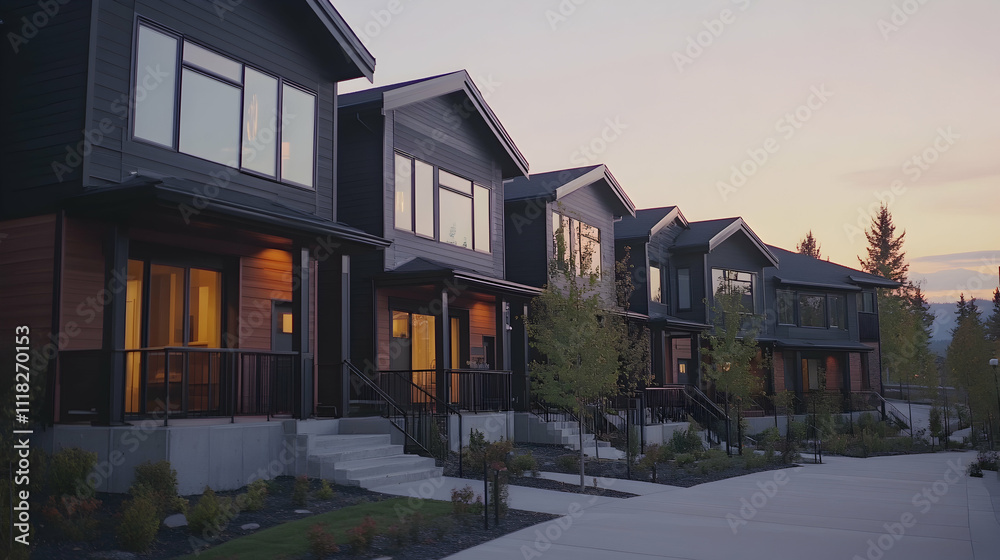 Row of modern townhouses at sunset with clean contemporary design Row of modern townhouses at sunset with clean contemporary design