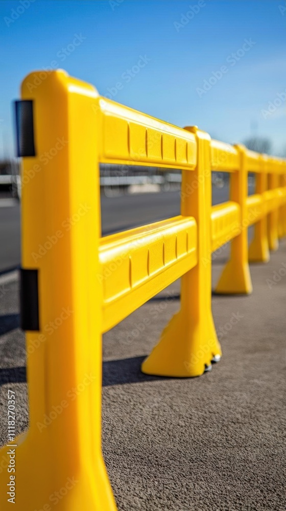 Bright yellow safety barrier along a road, ensuring traffic control. Bright yellow safety barrier along a road, ensuring traffic control.