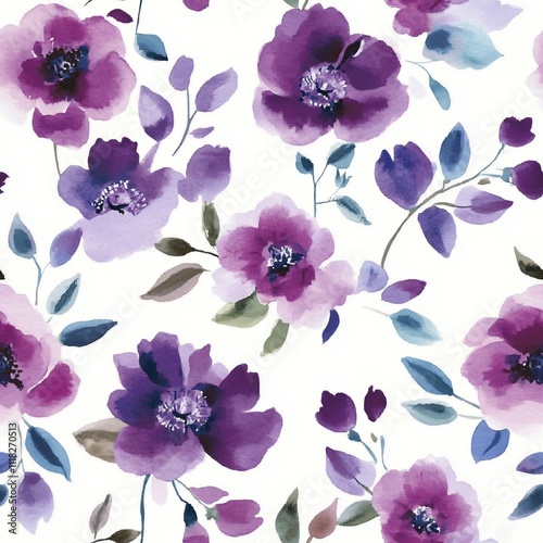 Fototapeta Naklejka Na Ścianę i Meble -  Watercolor purple flowers. Seamless pattern design. Modern, farmhouse, eclectic. Vector watercolor flower pattern.