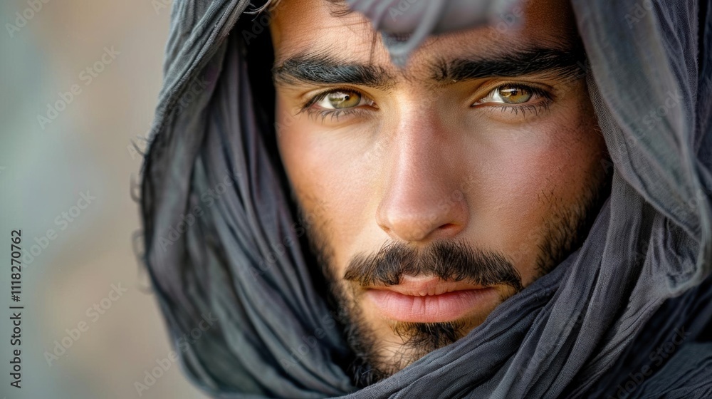Close-up portrait of a young man with striking eyes and a scarf. Close-up portrait of a young man with striking eyes and a scarf.
