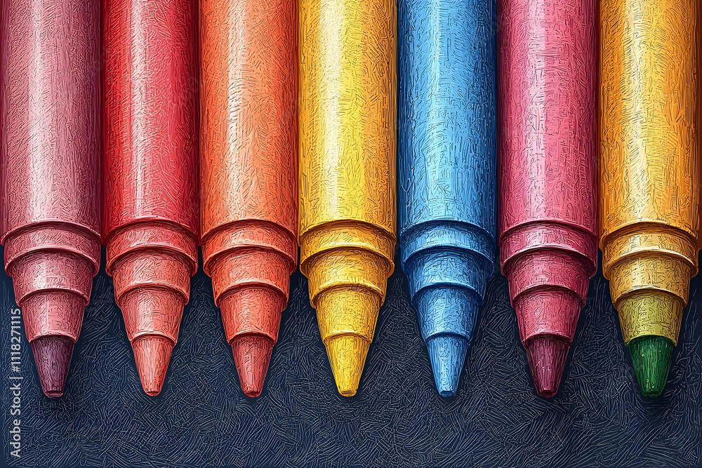 Close-up of colorful crayons arranged in a row, showing layered wax. Close-up of colorful crayons arranged in a row, showing layered wax.