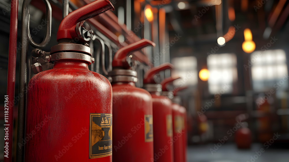 Row of red fire extinguishers in industrial setting with warm lighting Row of red fire extinguishers in industrial setting with warm lighting