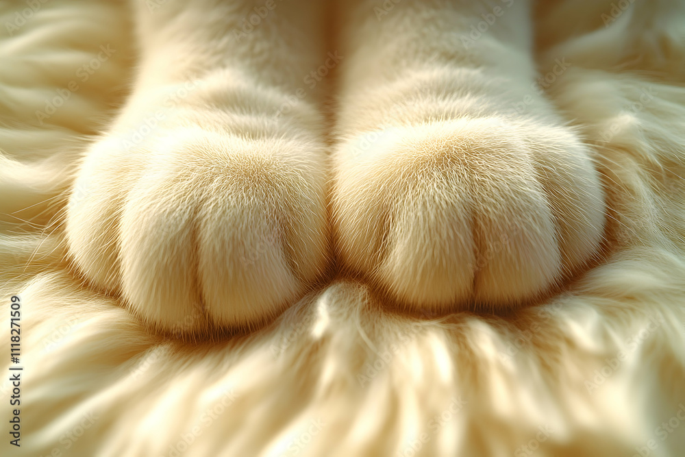 Close-up of fluffy cat paws on a soft, light-colored surface. Close-up of fluffy cat paws on a soft, light-colored surface.