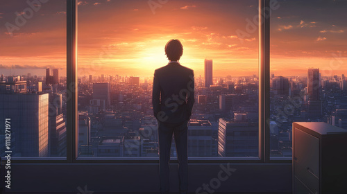 Businessman in suit overlooking cityscape at sunset with moody lighting