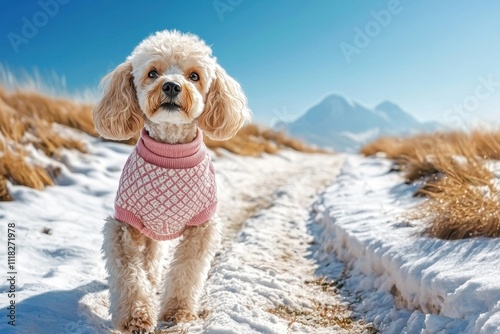 Cozy pet sweater for snowy dog walks concept. Cute dog in a pink sweater walking on a snowy path with mountains in the background photo