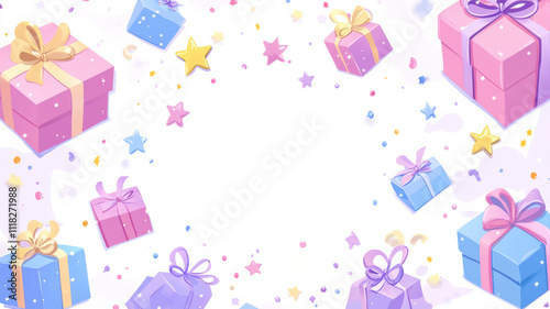 Holiday border with gifts snowflakes and stars in pastel colors
