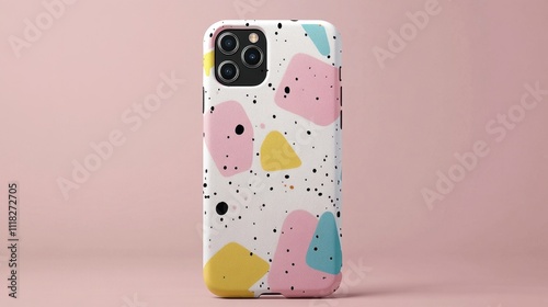 A colorful phone case with abstract shapes on a pink background.