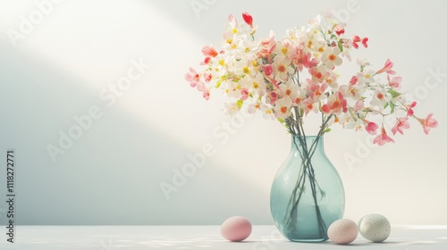 Flat lay easter composition with spring flowers in a vase and easter eggs on a light background, with copy space