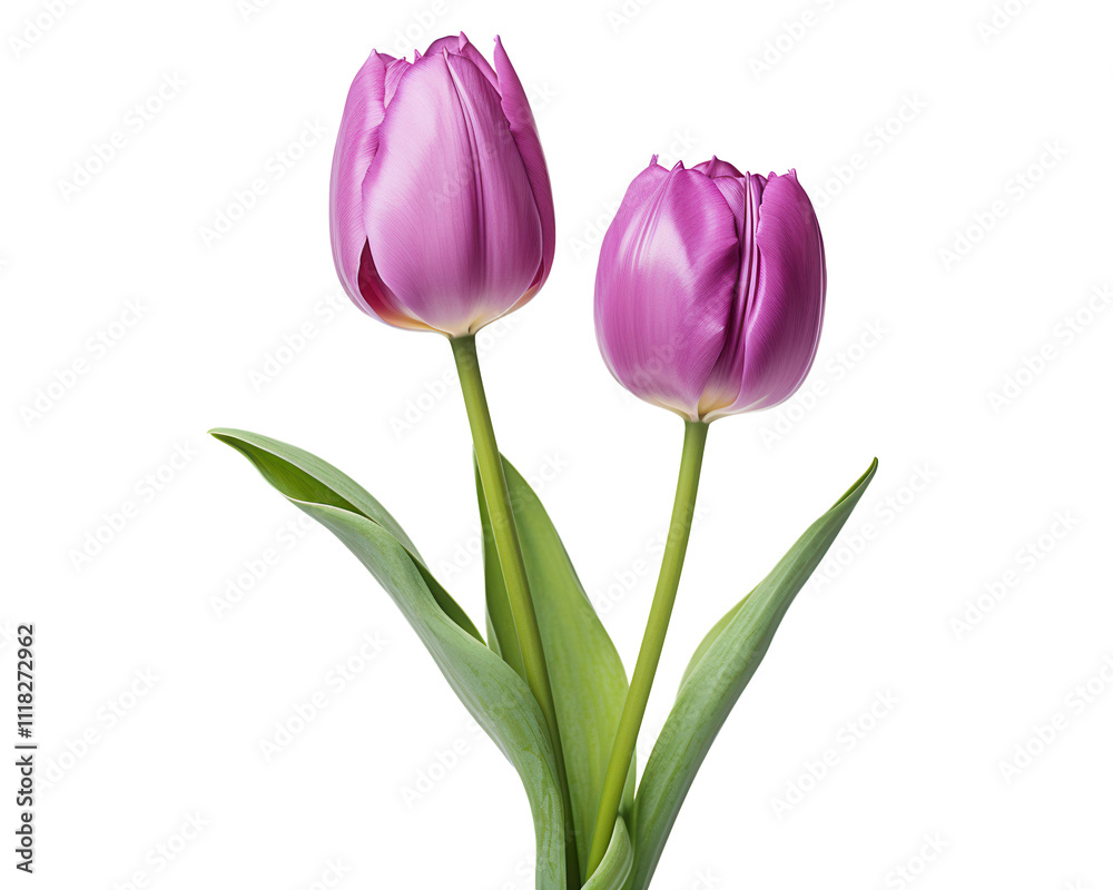 Two Purple Tulips, Spring Blooms, Isolated White Background, Vibrant Petals Two Purple Tulips, Spring Blooms, Isolated White Background, Vibrant Petals