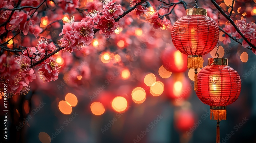 Obraz premium Vibrant flowers and lanterns create a festive atmosphere at night