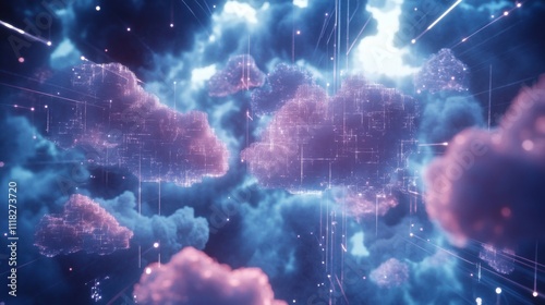 Floating cloud icons illuminate a vibrant digital sky filled with neon hues. This high-tech environment captures a futuristic atmosphere with an ethereal quality