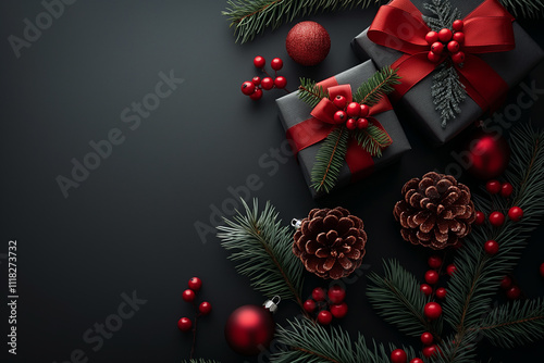 A black background with red and green decorations including pine cones and red photo