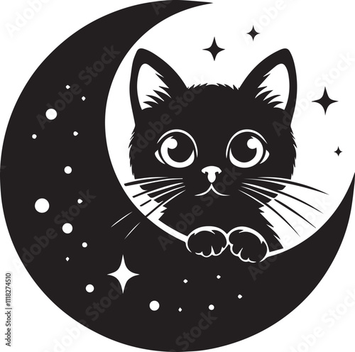 A cute cat peeking from behind the moon black silhouette vector