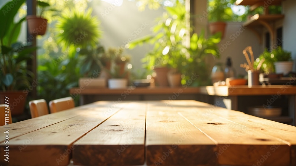 Clean wooden countertop with detailed natural grain, softly lit by diffused daylight, with blurred modern kitchen elements and small green plants in the background for a calm, professional look.