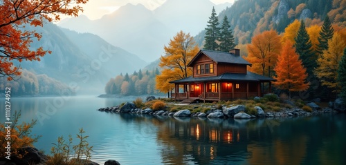 Fototapeta Naklejka Na Ścianę i Meble -  Peaceful wooden house sits on tranquil island in lake surrounded by autumn foliage. Calm waters reflect cozy house, surrounding trees. Scenic view of lake, mountains. Autumn colors create beautiful,
