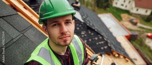 A roofer in a green safety helmet and reflective vest, holding roofing shingles, looking directly at the camera photo