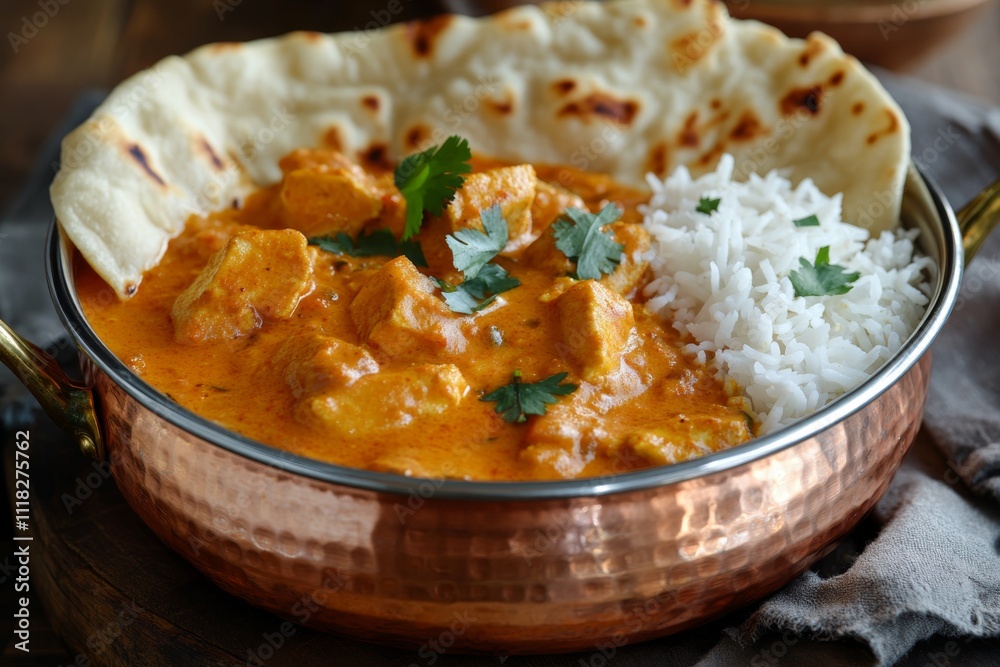 Delicious Chicken Tikka Masala with Rice Naan Bread in Copper Bowl