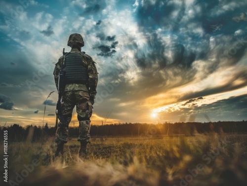 Warrior standing on the battlefield at sunset contemplating the journey ahead