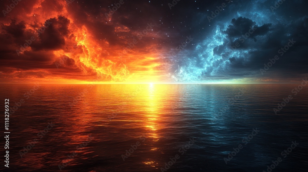 Fiery sunset and icy sunrise meet over calm ocean.